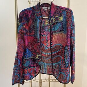 Chicos 100% Silk Open Jacket Sz 1 Textured Art To Wear Lightweight Boho Colorful